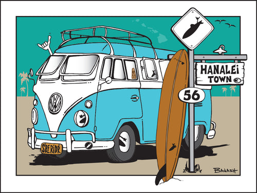 HANALEI TOWN ~ SURF XING ~ SIGN POST ~ SURF BUS ~ LONGBOARD ~ 16x20
