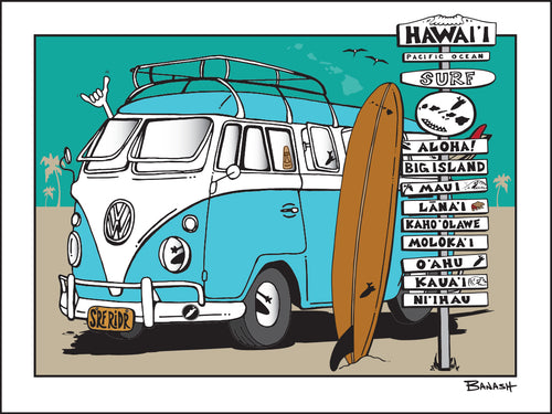 HAWAII ~ SIGN POST ~ LONGBOARD ~ VW SURF BUS ~ 16x20