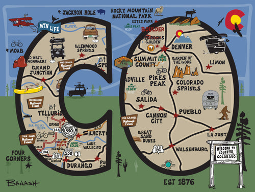 COLORADO ~ CO OUTLINE ~ DESTINATIONS MAP ~ 3:4