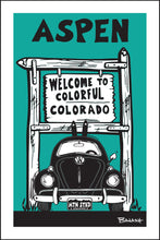 Load image into Gallery viewer, ASPEN ~ COLORADO WELCOME SIGN ~ SKI BUG GRILL ~ SEAFOAM ~ 2:3