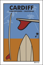 Load image into Gallery viewer, CARDIFF BY THE SEA ~ CAMPGROUNDS ~ CALIFORNIA ~ RED FIN SURFBOARD VIEWS ~ SAND LINES ~ 12x18
