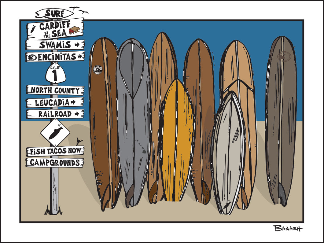 CARDIFF BY THE SEA ~ TOWN SIGN POST ~ SURFBOARD QUIVER ~ 3:4