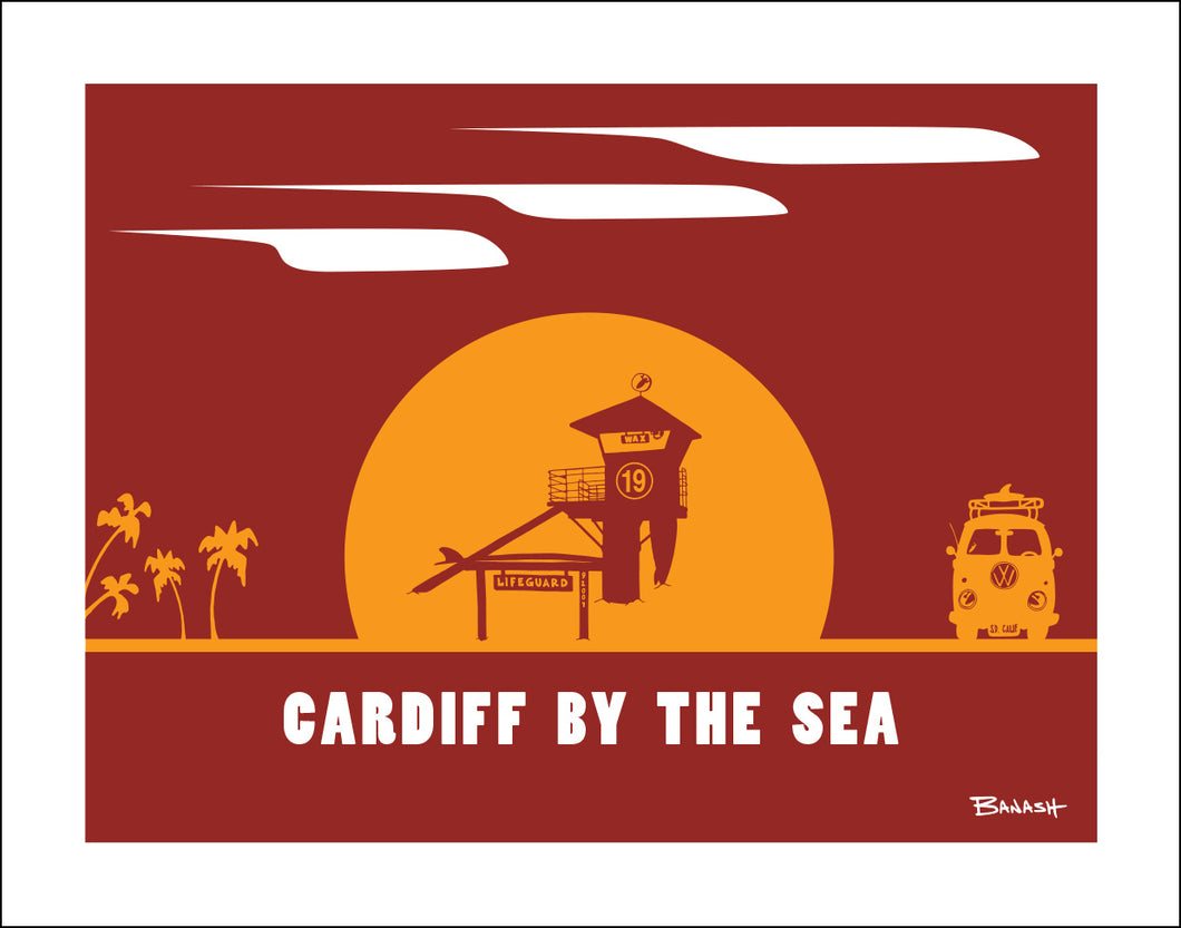 CARDIFF BY THE SEA ~ TOWER 19 ~ LIFEGUARD LONGBOARD ~ CATCH SUNDOWN ~ 16x20
