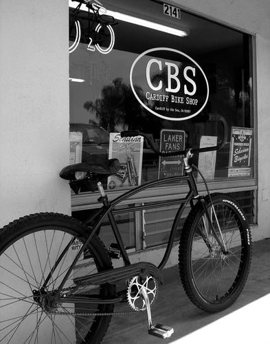 CARDIFF BY THE SEA ~ CARDIFF BIKE SHOP ~ SCHWINN BOMBER ~ LOGO WINDOW ~ 3:4