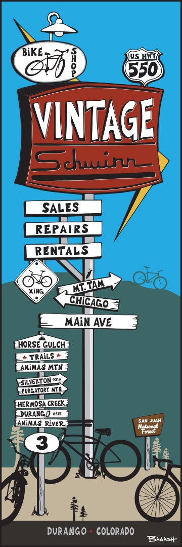 DURANGO ~ VINTAGE SCHWINN ~ BIKE SHOP ~ SIGN POST ~ 8x24