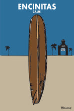 Load image into Gallery viewer, ENCINITAS ~ CALIF. ~ VINTAGE LONGBOARD ~ S.R.F. TEMPLE ~ SAND ~ INDIGO SKY ~ 2:3
