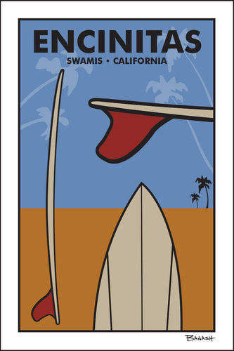 ENCINITAS ~ SWAMIS ~ CALIFORNIA ~ RED FIN SURFBOARD VIEWS ~ SAND LINES ~ 12x18
