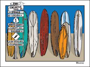 ENCINITAS TOWN ~ SWAMIS ~ SIGN POST ~ SURFBOARD QUIVER ~ 3:4