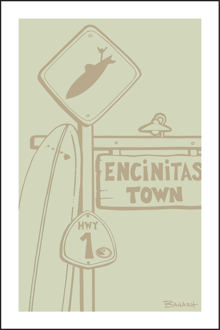 ENCINITAS TOWN ~ LONGBOARD ~ SURF XING ~ SIGN POST ~ DRIFTWOOD ~ 12x18
