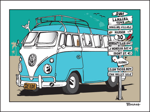 LAHAINA TOWN ~ SIGN POST ~ VW SURF BUS ~ 16x20