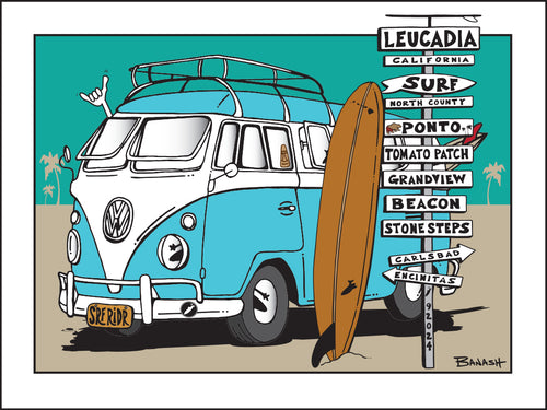 LEUCADIA TOWN ~ SURF BREAKS ~ SIGN POST ~ SURF BUS ~ LONGBOARD ~ 3:4