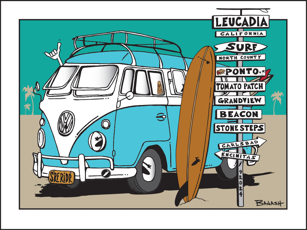 LEUCADIA TOWN ~ SURF BREAKS ~ SIGN POST ~ SURF BUS ~ LONGBOARD ~ 3:4