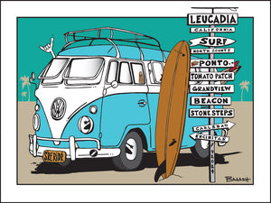LEUCADIA TOWN ~ SURF BREAKS ~ SIGN POST ~ LONGBOARD ~ VW SURF BUS ~ 16x20