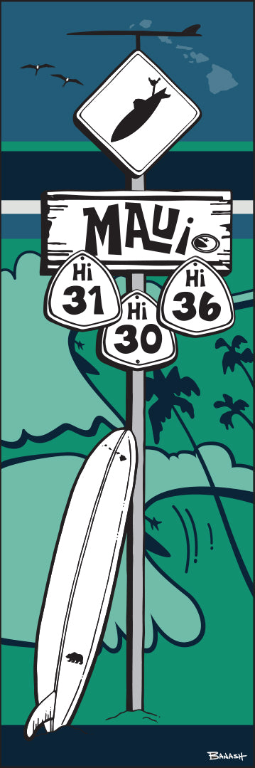 MAUI ~ SURF XING ~ LONGBOARD ~ OCEAN LINES ~ GOIN' LEFT ~ 8x24