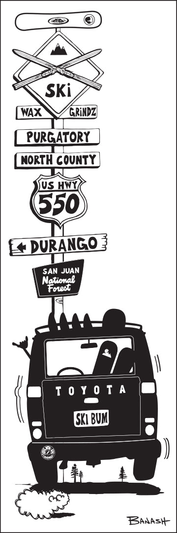 PURGATORY ~ DURANGO ~ SKI BOARD LAND CRUISER TAIL ~ SKI XING ~ SIGN POST ~ 8x24