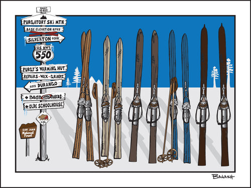 PURGATORY SKI MOUNTAIN ~ SIGN POST ~ VINTAGE SKIIS ~ DURANGO ~ 3:4