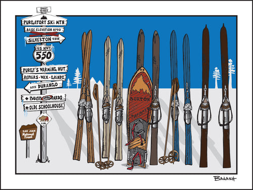 PURGATORY SKI MOUNTAIN ~ SIGN POST ~ VINTAGE SKIIS ~ SNOWBOARD ~ DURANGO ~ 3:4
