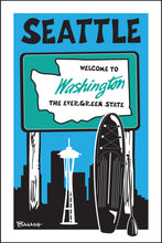 Load image into Gallery viewer, SEATTLE ~ WELCOME SIGN ~ SPACE NEEDLE ~ PADDLE BOARD ~ 12x18