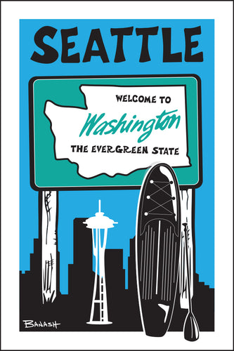 SEATTLE ~ WELCOME SIGN ~ SPACE NEEDLE ~ PADDLE BOARD ~ 12x18