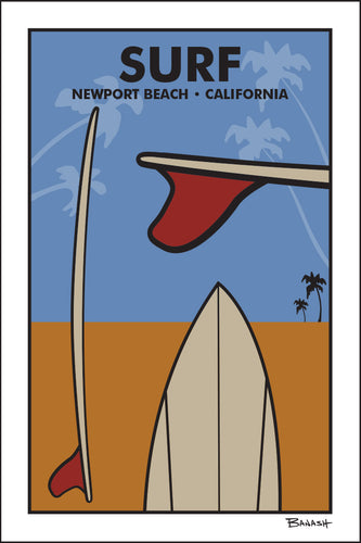 SURF ~ NEWPORT BEACH ~ CALIFORNIA ~ RED FIN SURFBOARD VIEWS ~ SAND LINES ~ 12x18