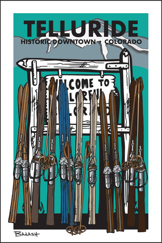 TELLURIDE ~ WELCOME TO COLORADO SIGN ~ VINTAGE SKIIS ~ AJAX PEAK ~ 2:3