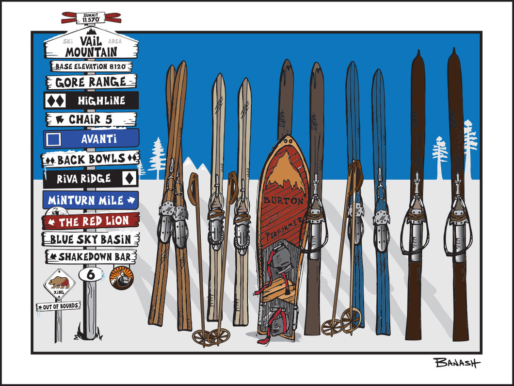 VAIL MOUNTAIN ~ SIGN POST ~ VINTAGE SKIIS ~ SNOWBOARD ~ 3:4
