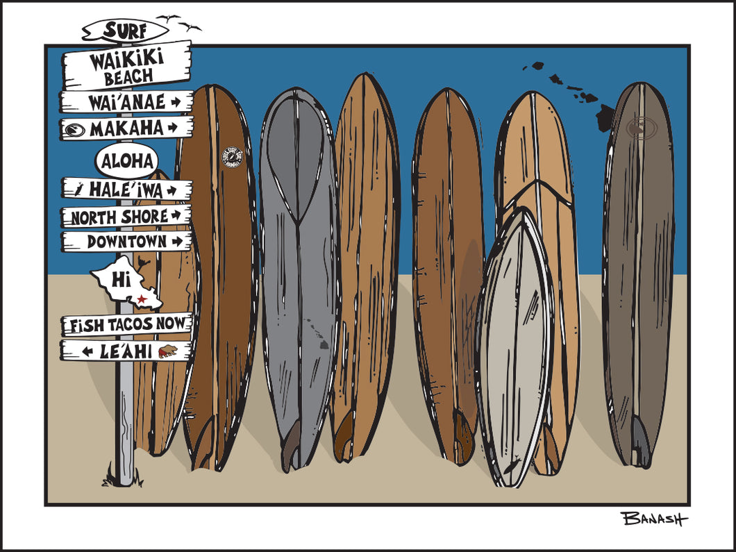 WAIKIKI BEACH ~ O'AHU ~ SIGN POST ~ SURFBOARD QUIVER ~ 3:4