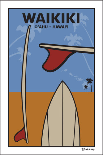 WAIKIKI ~ O'AHU ~ HAWAI'I ~ RED FIN SURFBOARD VIEWS ~ SAND LINES ~ 12x18