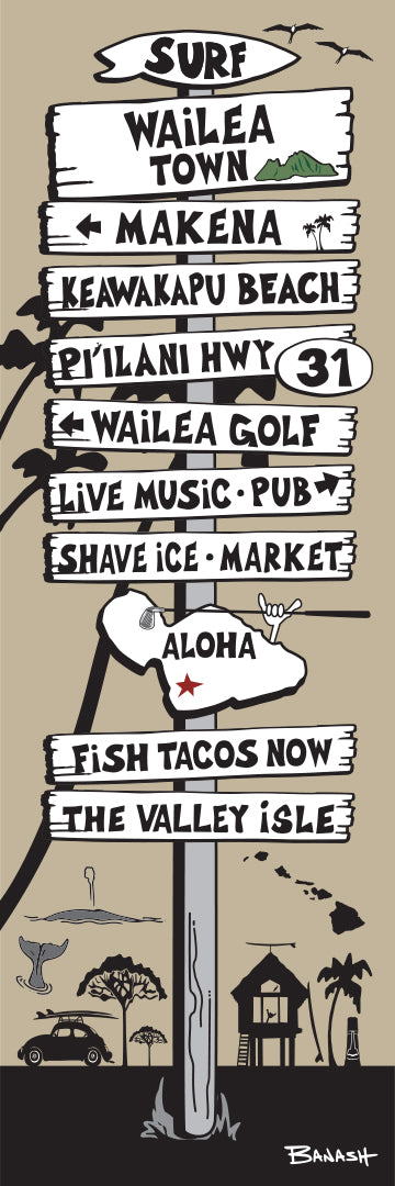 WAILEA TOWN ~ SIGN POST ~ 8x24