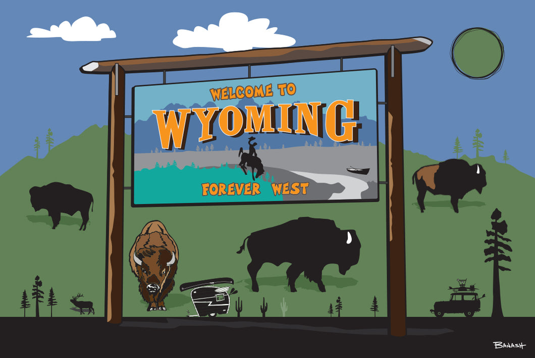 WYOMING ~ STATE LINE WELCOME SIGN POST ~ BISON ~ 2:3