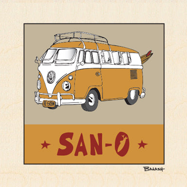 SAN ONOFRE ~ CALIF STYLE VW BUS ~ BIRCH WOOD PRINT ~ 6x6