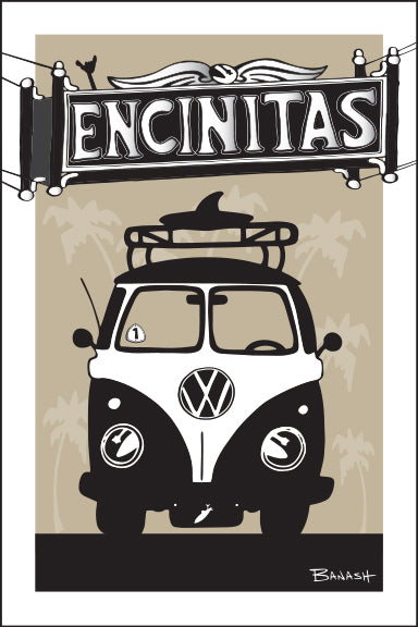 ENCINITAS ~ TOWN SIGN ~ 2 TONE SURF BUS GRILL ~ 12x18