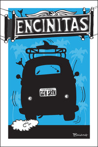 ENCINITAS ~ TOWN SIGN ~ SURF BUS TAIL AIR ~ GO N SRFN ~ 12x18