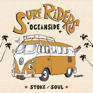 OCEANSIDE ~ SURF RIDERS ~ CALIF STYLE VW BUS ~ BIRCH WOOD PRINT ~ 6x6