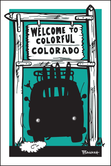 COLORADO ~ WELCOME SIGN ~ SKI BUS TAIL AIR ~ 12x18